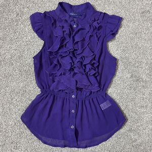 Miley Cyrus Max Azria Blouse Womens Large Purple Ruffle Button Front Sheer